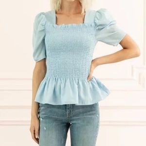 Rachel Parcell Blue Square Neck Peplum Top